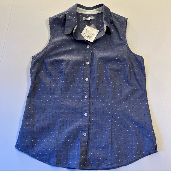Women Medium Blue
Chambray Button-Down
Sleeveless Shirt Top Polka Dot cotton - Picture 2 of 9